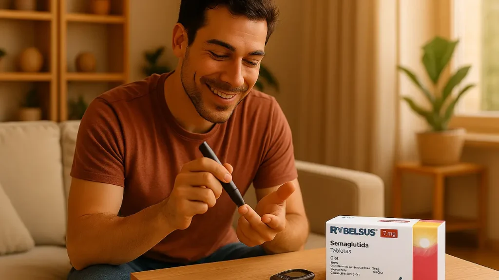 Rybelsus: controla la diabetes tipo 2 sin inyecciones 3 Hombre joven sentado en un sofá, sonriendo mientras se mide el azúcar en sangre con un glucómetro; sobre la mesa hay una caja de Rybelsus de 7 mg y un lector de glucosa, en un entorno cálido y moderno con luz natural y plantas decorativas.