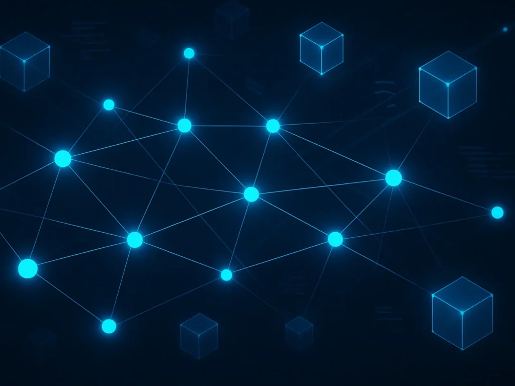Blockchain: Más que Tecnología, una Revolución en Marcha 2 Ilustración digital de alta resolución de una red blockchain descentralizada, con nodos azules brillantes conectados por líneas luminosas sobre un fondo oscuro futurista, bloques flotantes en 3D y elementos de código abstracto integrados sutilmente.