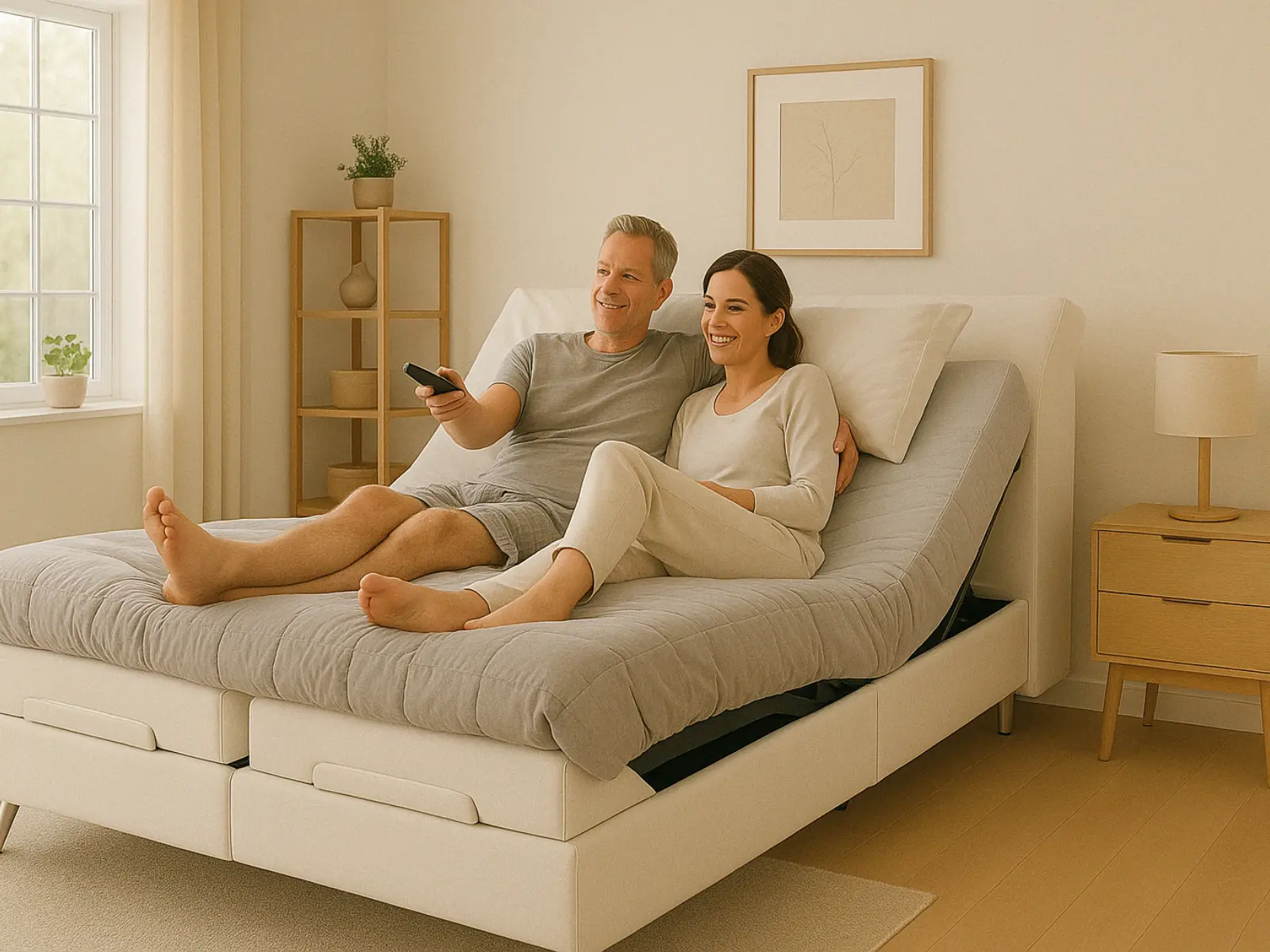 Pareja descansando felizmente en una cama articulada blanca dentro de una habitación de estilo nórdico, con decoración minimalista, muebles de madera clara, plantas naturales y luz suave entrando por una gran ventana.