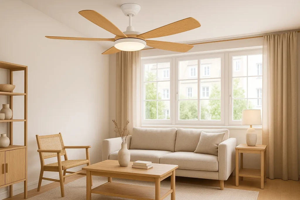 Los 7 Mejores Ventiladores de Techo Newday para 2025 6 Ventilador de techo Newday con aspas de madera natural y cuerpo blanco instalado en salón moderno con sofá beige, mobiliario claro y luz natural.