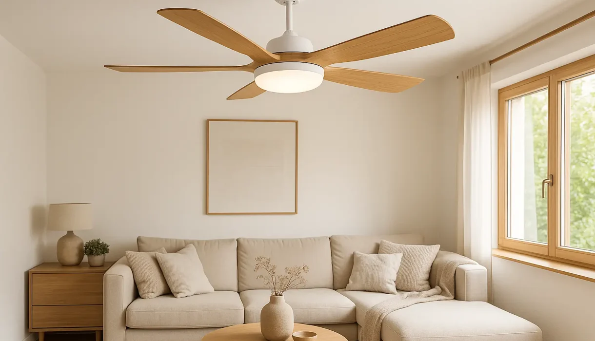 Los 7 Mejores Ventiladores de Techo Newday para 2025 1 "Ventilador de techo Newday con aspas efecto madera instalado en salón moderno de estilo escandinavo con sofá beige y decoración minimalista"