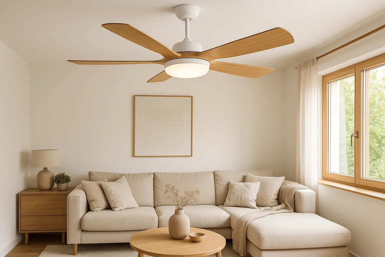 "Ventilador de techo Newday con aspas efecto madera instalado en salón moderno de estilo escandinavo con sofá beige y decoración minimalista"