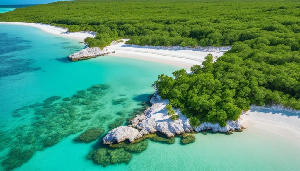 Cayo Jutías Vista aérea de Cayo Largo del Sur en Cuba, con playas de arena blanca, aguas turquesa y vegetación frondosa.
