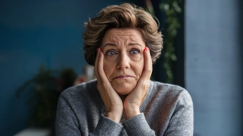 Síntomas de diabetes en adultos: Cómo identificarlos. 2 Una mujer europea con expresión preocupada se sostiene la cabeza con las manos, mostrando signos de confusión mental. Este síntoma puede ser una consecuencia de niveles elevados o bajos de glucosa en personas con diabetes.