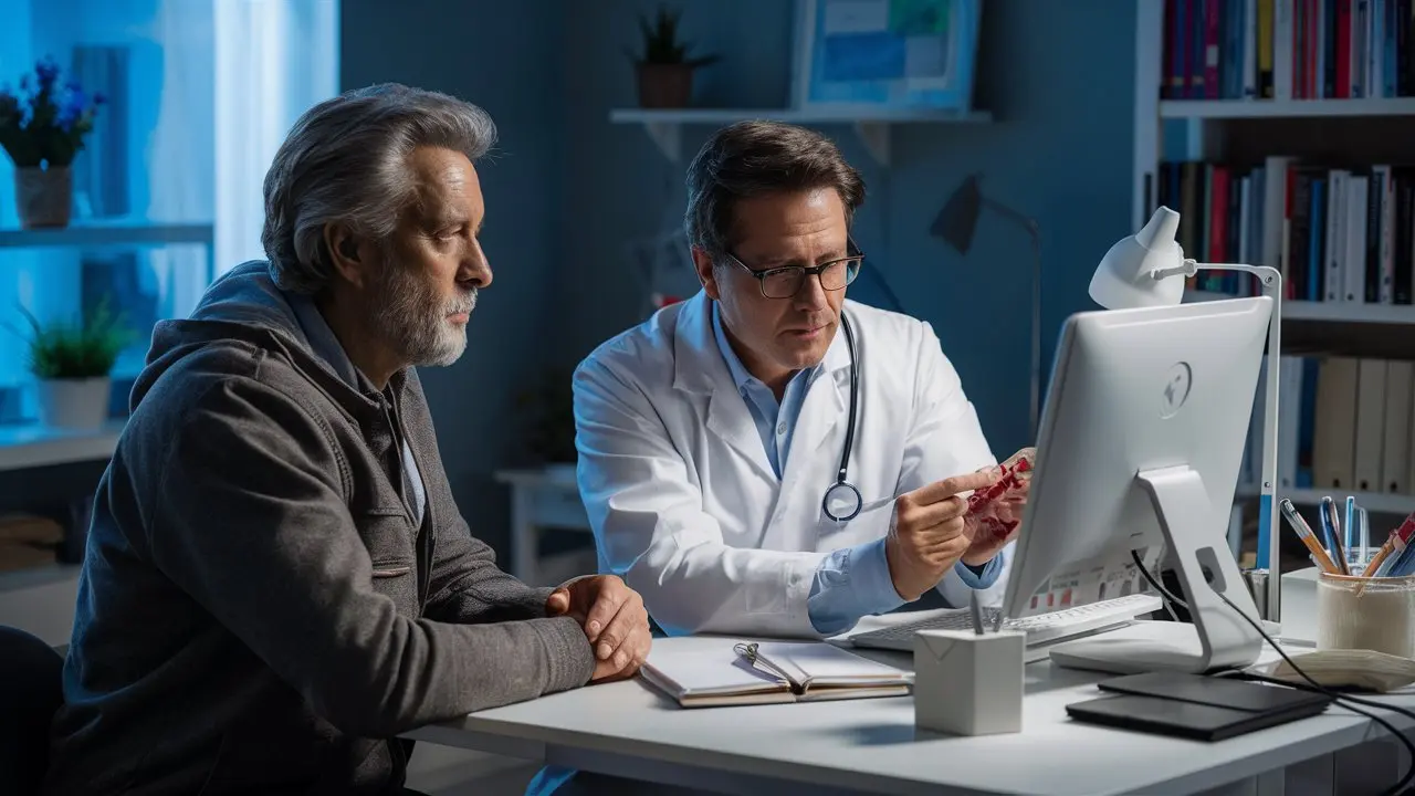 Síntomas de diabetes en adultos: Cómo identificarlos. 1 Un médico explica los resultados de un examen a un paciente adulto durante una consulta médica. El médico utiliza una computadora para mostrar los datos mientras el paciente escucha atentamente.