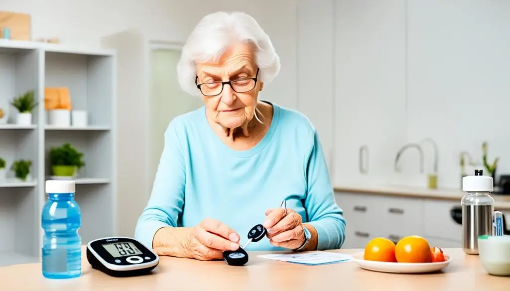 Síntomas de diabetes en adultos: Cómo identificarlos. 3 Una mujer mayor europea mide sus niveles de glucosa en sangre en la cocina de su casa. Junto a ella hay un medidor de glucosa, agua y frutas, lo que indica una gestión cuidadosa de su diabetes a través de monitoreo regular y una dieta saludable.