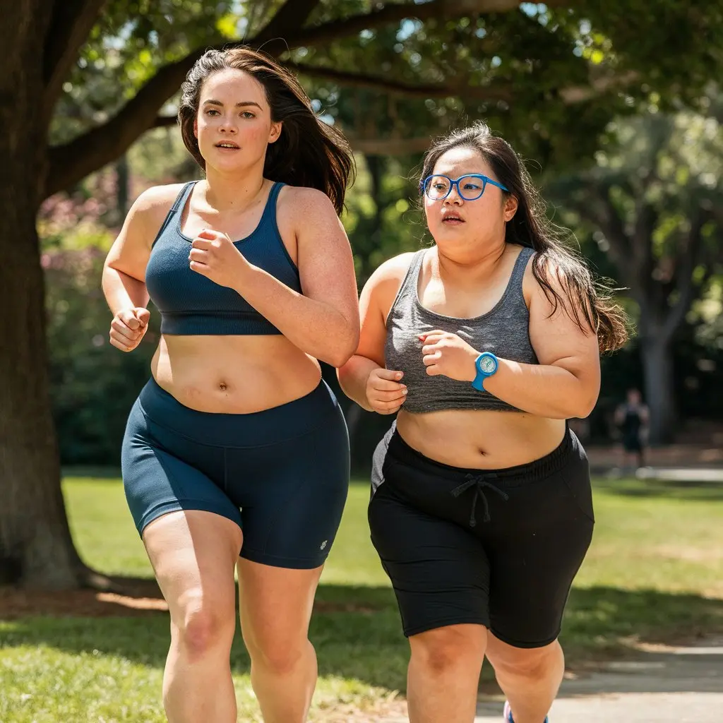 Síntomas de diabetes en adultos: Cómo identificarlos. 6 Dos mujeres jóvenes europeas corren juntas en un parque, ambas vistiendo ropa deportiva y mostrando determinación en sus rostros. Esta imagen refleja la importancia del ejercicio regular para mantener un estilo de vida saludable y manejar la diabetes.