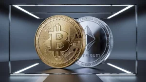 Criptomonedas: Guía completa para principiantes 2024 3 Create an image featuring a close-up view of Bitcoin and Ethereum coins. The Bitcoin coin should be gold with the iconic 'B' symbol, while the Ethereum coin should be silver with the 'Ξ' symbol. Both coins should have a detailed, high-quality finish, and the background should be a modern, sleek setting that emphasizes the digital nature of cryptocurrencies.