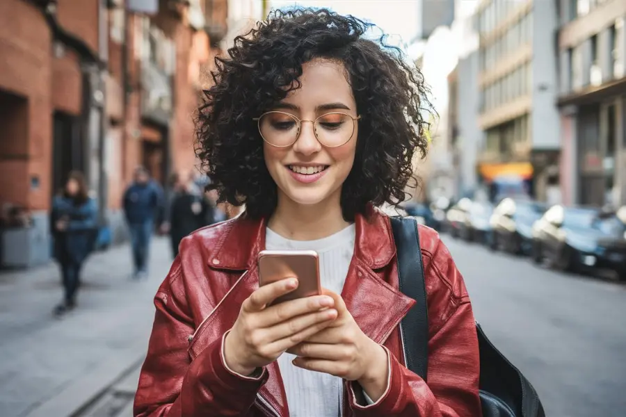 Mejora la duración de la batería de tu teléfono móvil 22 Chica mirando el móvil en la calle