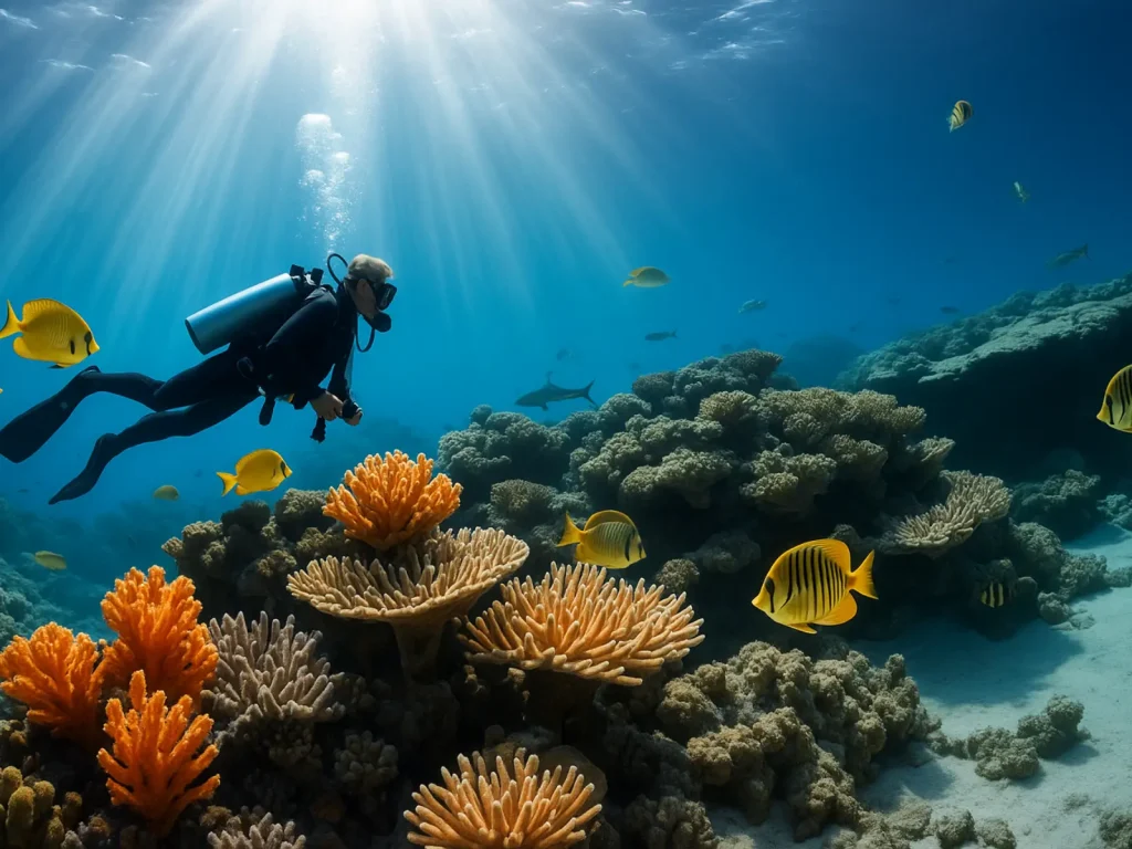 buceo cuba Persona buceando entre arrecifes de coral y peces tropicales en aguas cristalinas del Caribe cubano.