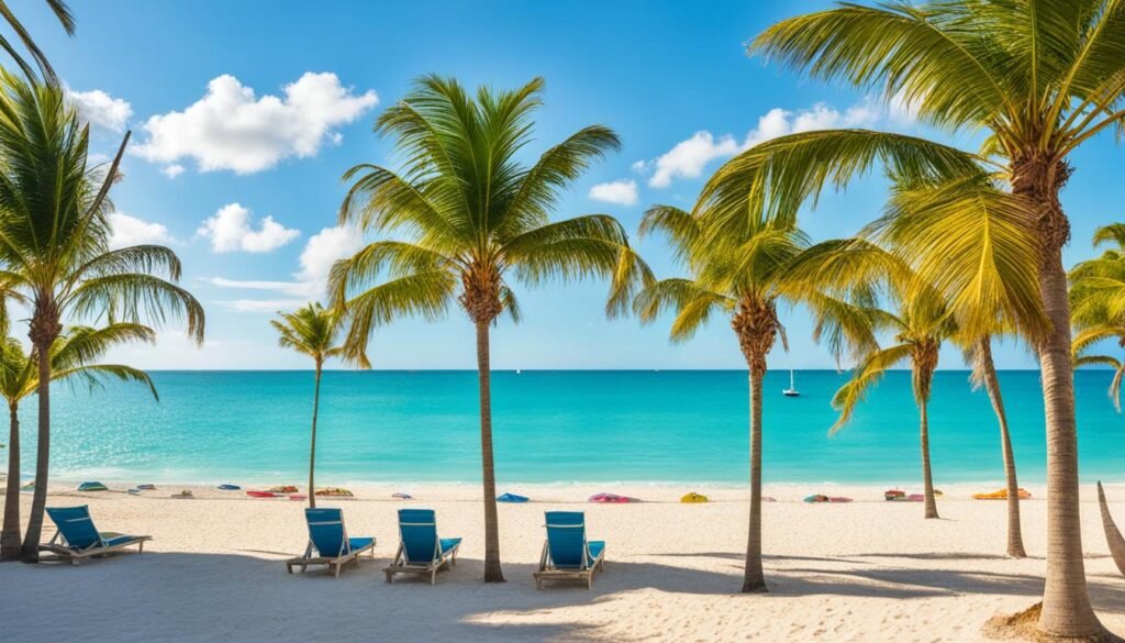 playa de varadero Vista desde la sombra de las palmeras hacia el mar turquesa en una playa de Varadero con tumbonas y cielo despejado.