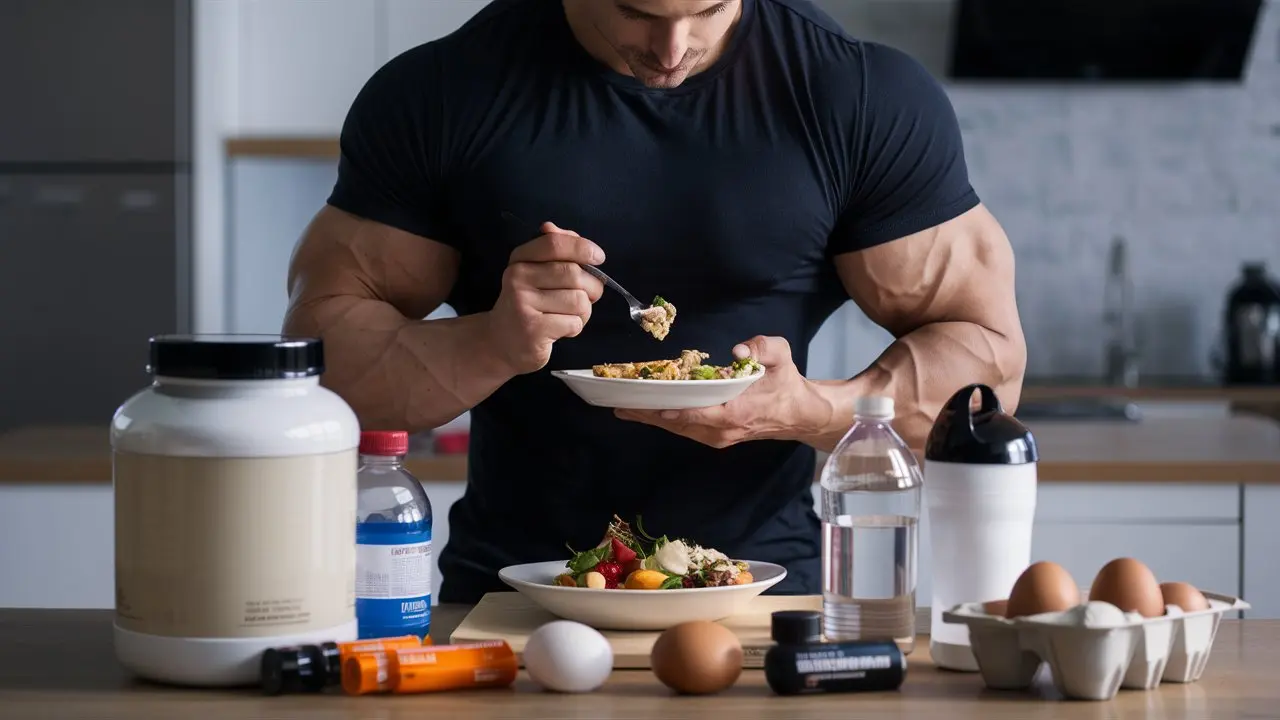 Proteínas: ¿Es Realmente Mala para Tu Salud? Descubre la Verdad 1 Un hombre musculoso disfruta de una comida balanceada mientras complementa su dieta con proteínas y suplementos esenciales para maximizar su rendimiento físico. La mesa muestra una variedad de productos nutricionales, reflejando una dedicación a la salud y el bienestar en una cocina moderna.