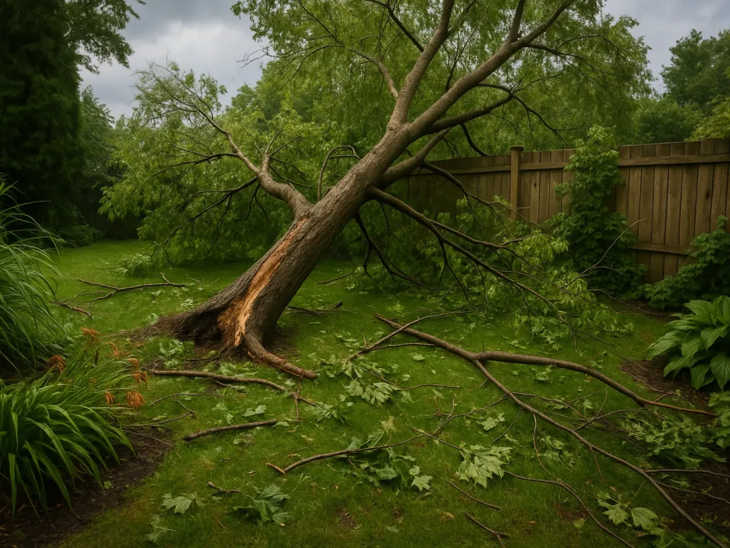 Cosas que cubre el seguro de hogar y no sabías (de verdad) 2 Árbol caído en un jardín tras una tormenta, ejemplo de daño cubierto por el seguro de hogar