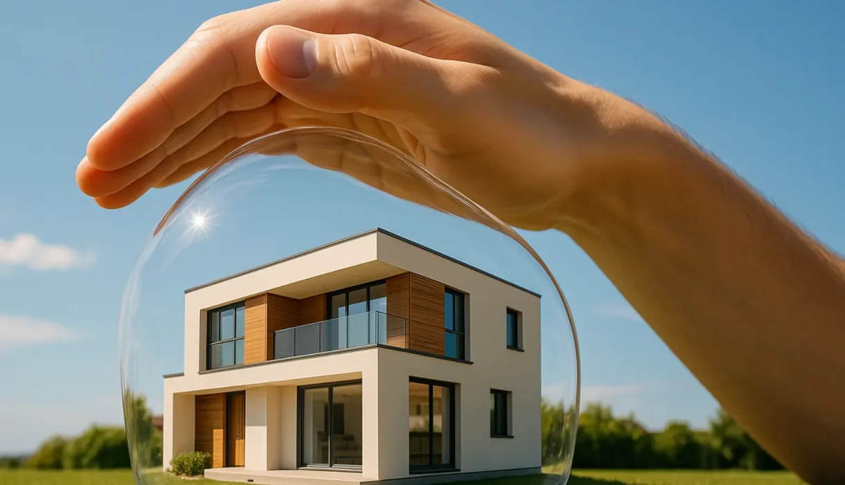 Cosas que cubre el seguro de hogar y no sabías (de verdad) 1 Casa moderna protegida por una mano gigante, concepto visual de seguro de hogar