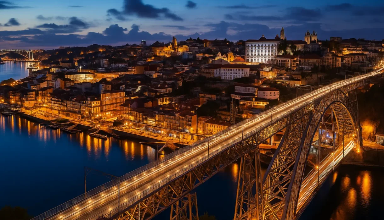 Qué ver en Oporto: lugares imprescindibles para tu viaje 1 Vista del Puente de Dom Luís I iluminado al atardecer sobre el río Douro en Oporto, Portugal