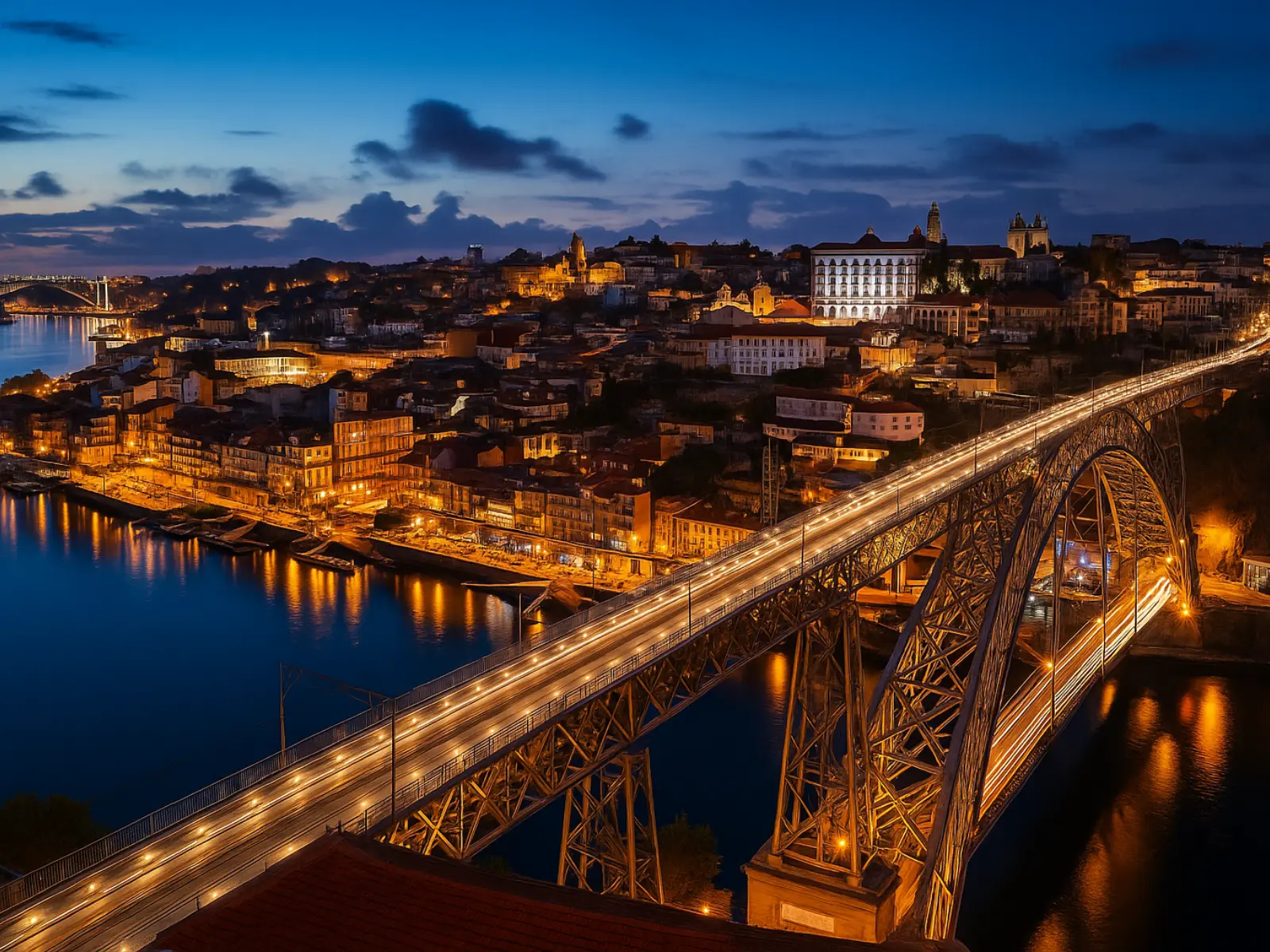 Vista del Puente de Dom Luís I iluminado al atardecer sobre el río Douro en Oporto, Portugal